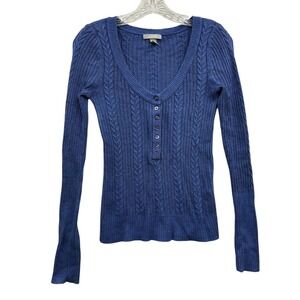 Y2K Delia's Women's Ribbed Henley Knit Top Blue Layering Fitted Preppy Cute S